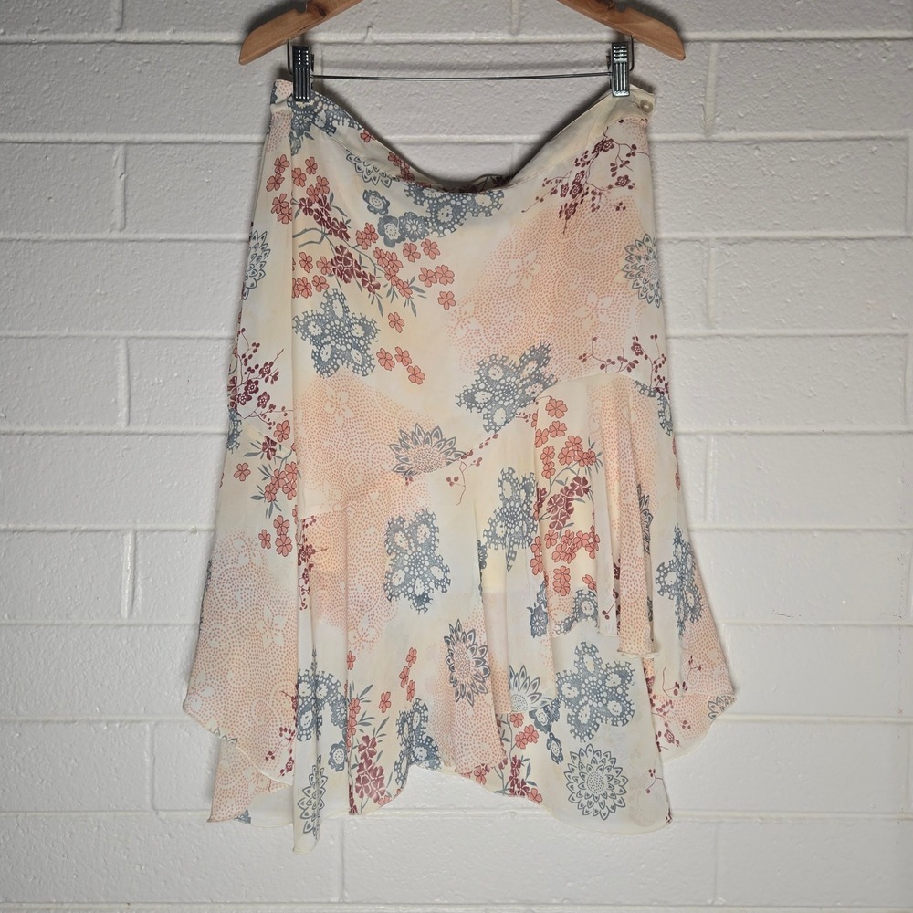 Vtg Jeans West Floral Asymmetrical Skirt 14 Cream Pastel Ruffle Midi Boho Fairy